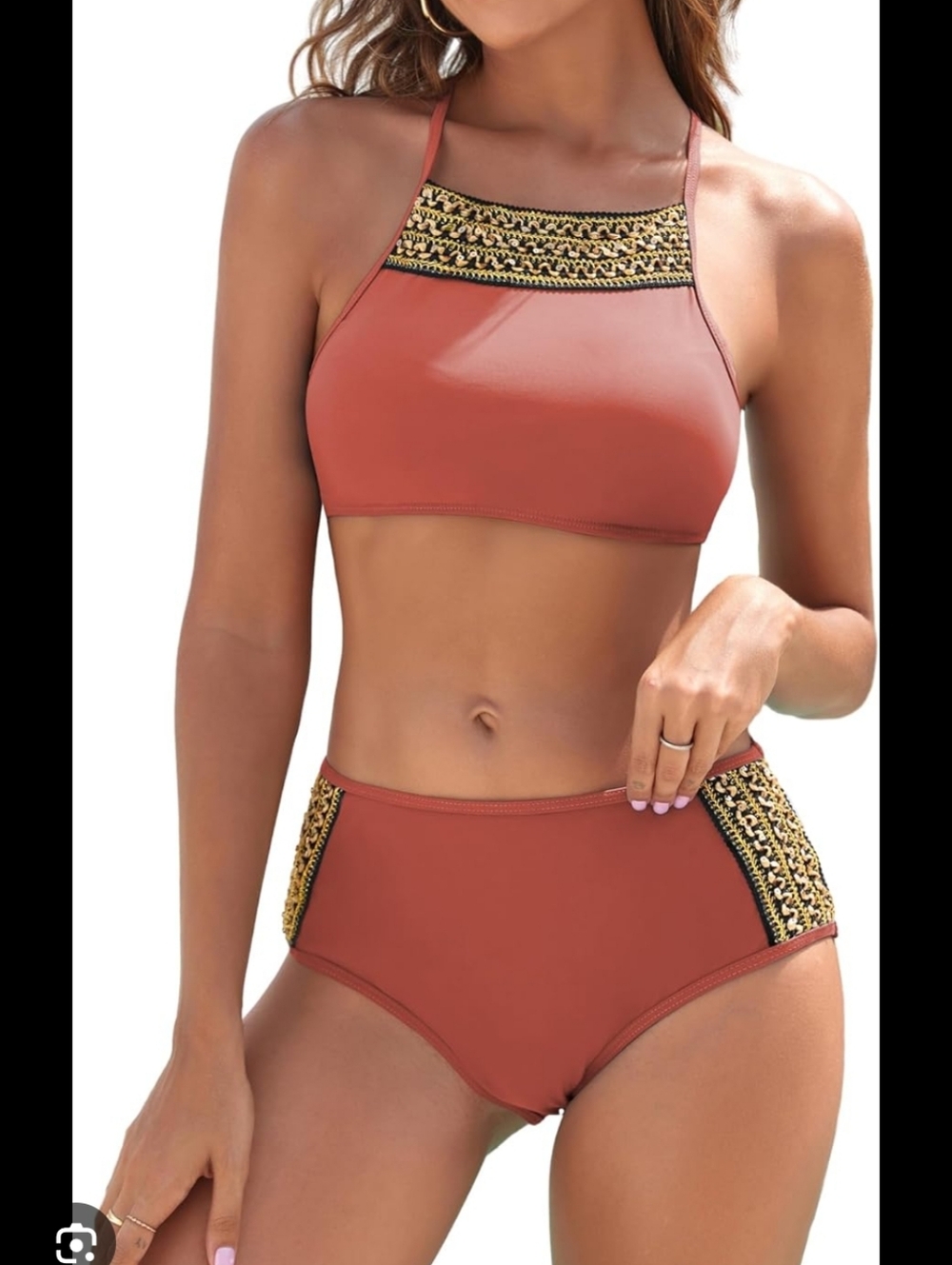Zaful 2 Piece High-Neck  Halter High Waisted Gold Sequins Elastic Bikini Set M